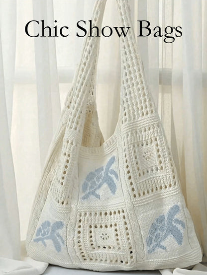 Women's Summer Beach Tote Bag- Crochet Knitted Sea Turtle Pattern Design, Large Capacity Open-Top Tote, Beige Polyester Material, Suitable For Casual Outings And Beach Vacations, Beach Tote Bag, Trav