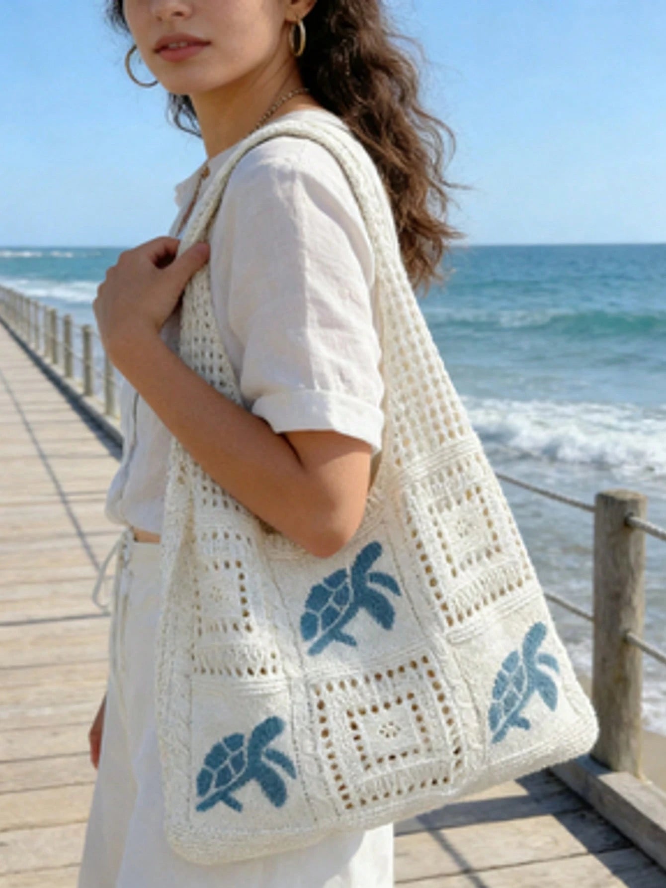 Women's Summer Beach Tote Bag- Crochet Knitted Sea Turtle Pattern Design, Large Capacity Open-Top Tote, Beige Polyester Material, Suitable For Casual Outings And Beach Vacations, Beach Tote Bag, Trav