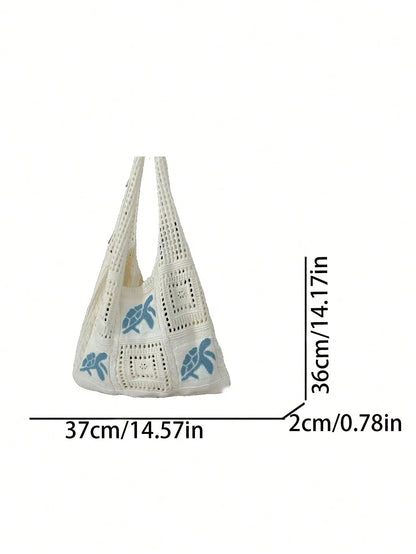 Women's Summer Beach Tote Bag- Crochet Knitted Sea Turtle Pattern Design, Large Capacity Open-Top Tote, Beige Polyester Material, Suitable For Casual Outings And Beach Vacations, Beach Tote Bag, Trav