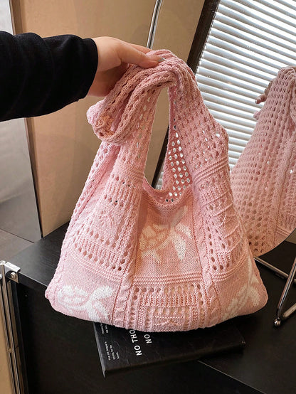 Women's Summer Beach Tote Bag- Crochet Knitted Sea Turtle Pattern Design, Large Capacity Open-Top Tote, Beige Polyester Material, Suitable For Casual Outings And Beach Vacations, Beach Tote Bag, Trav