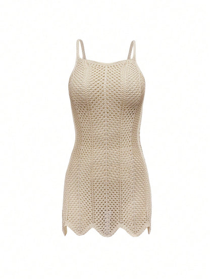 Women's Summer Beach Vacation Bohemian Sleeveless Solid Color Sexy Hollow Out Sheer Short Camisole Dress