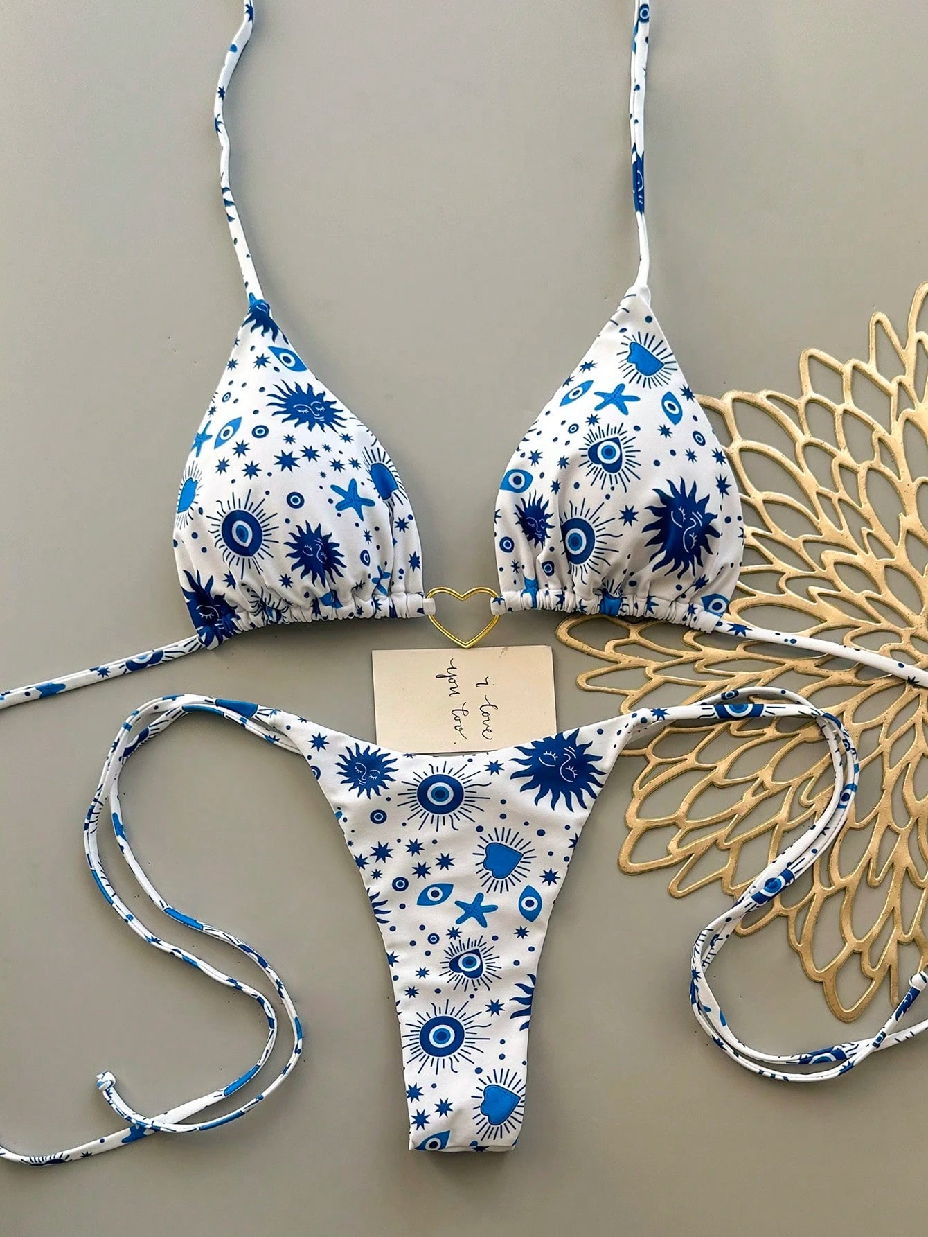 Women's Summer Beach Vacation Heart Metal Ring Decor Backless Tie Front Printed Bikini Set
