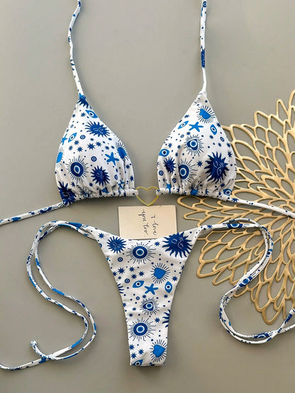 Women's Summer Beach Vacation Heart Metal Ring Decor Backless Tie Front Printed Bikini Set