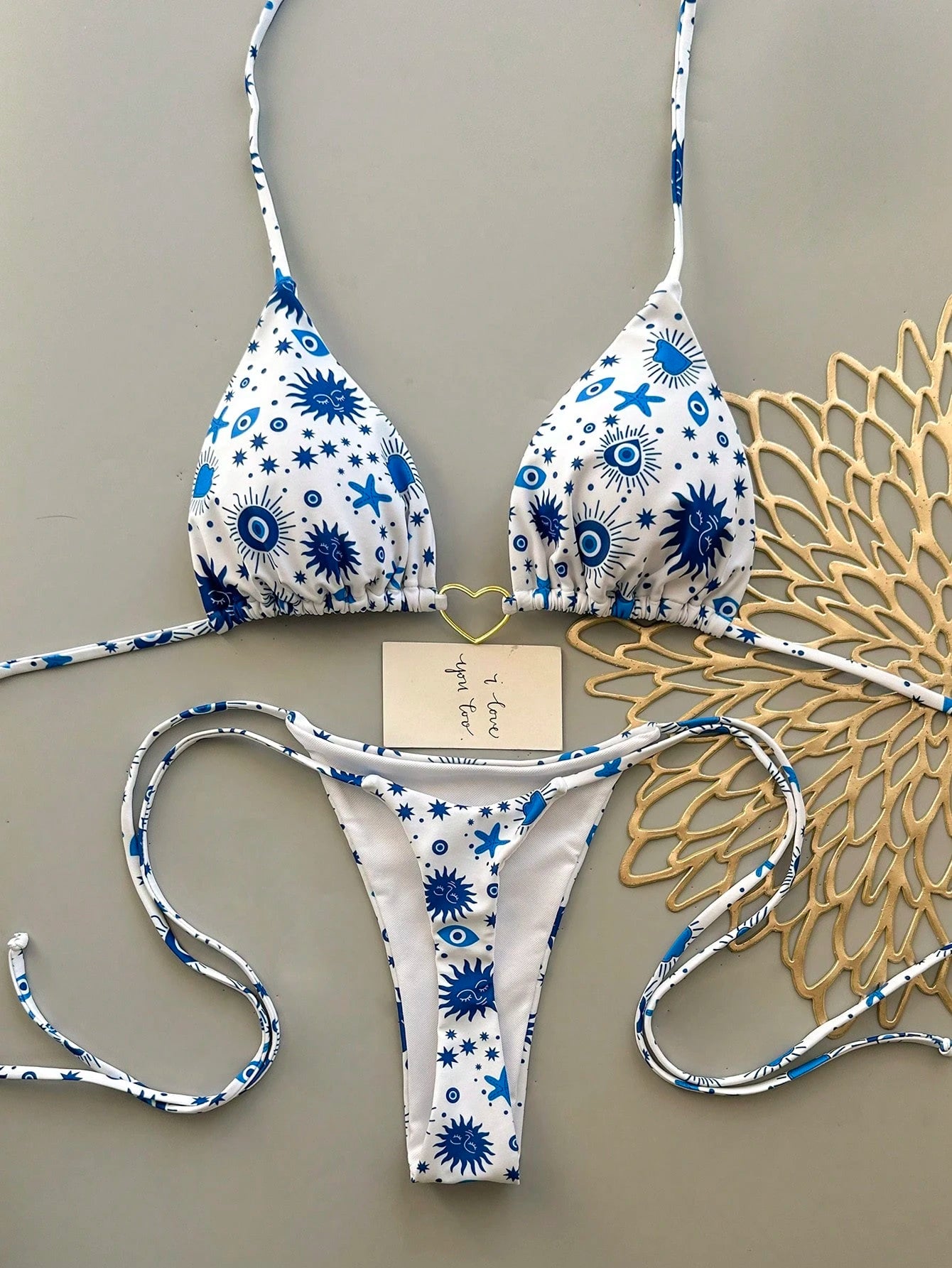Women's Summer Beach Vacation Heart Metal Ring Decor Backless Tie Front Printed Bikini Set