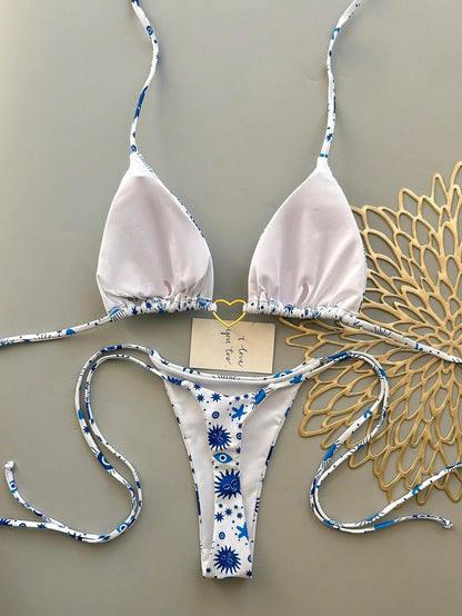 Women's Summer Beach Vacation Heart Metal Ring Decor Backless Tie Front Printed Bikini Set