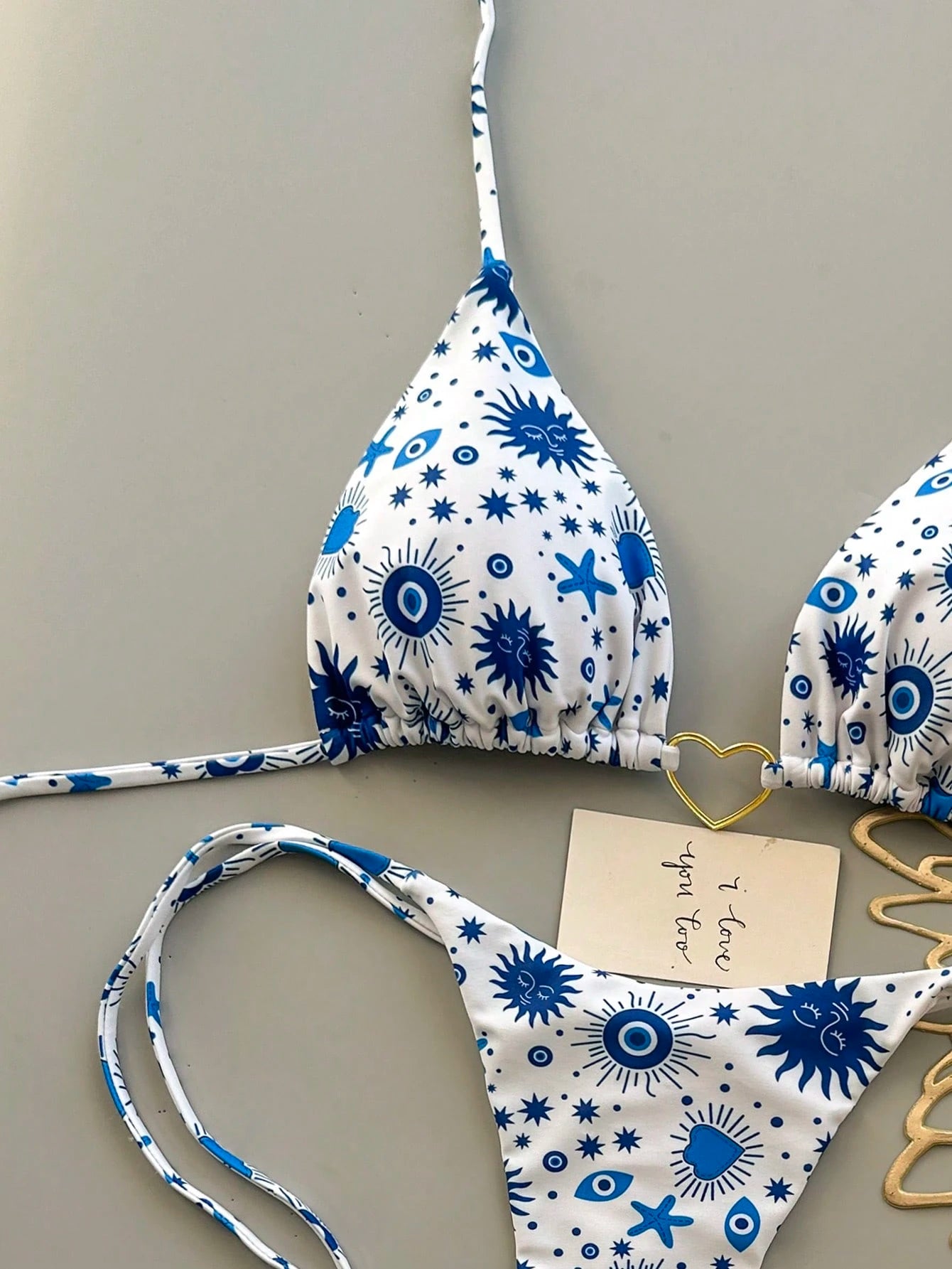 Women's Summer Beach Vacation Heart Metal Ring Decor Backless Tie Front Printed Bikini Set