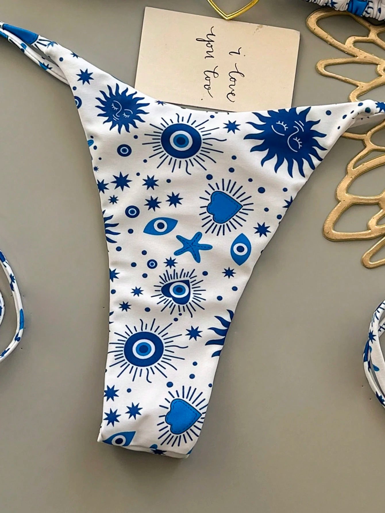 Women's Summer Beach Vacation Heart Metal Ring Decor Backless Tie Front Printed Bikini Set