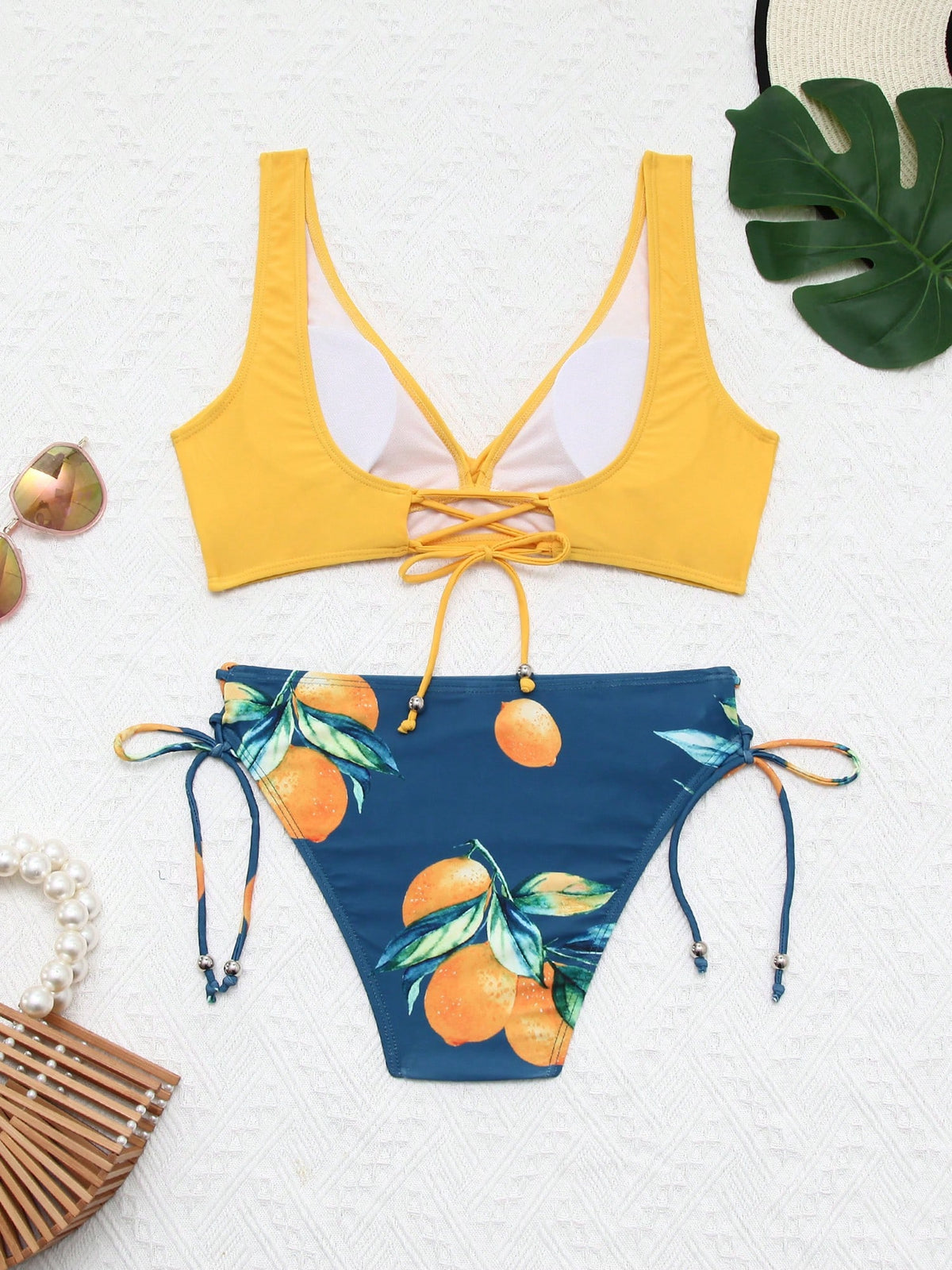 Women's Summer Bikini Set Solid Color V-Neck Tank Tops With Lemon Print Low Waist Thong 2 Pcs Swimsuit