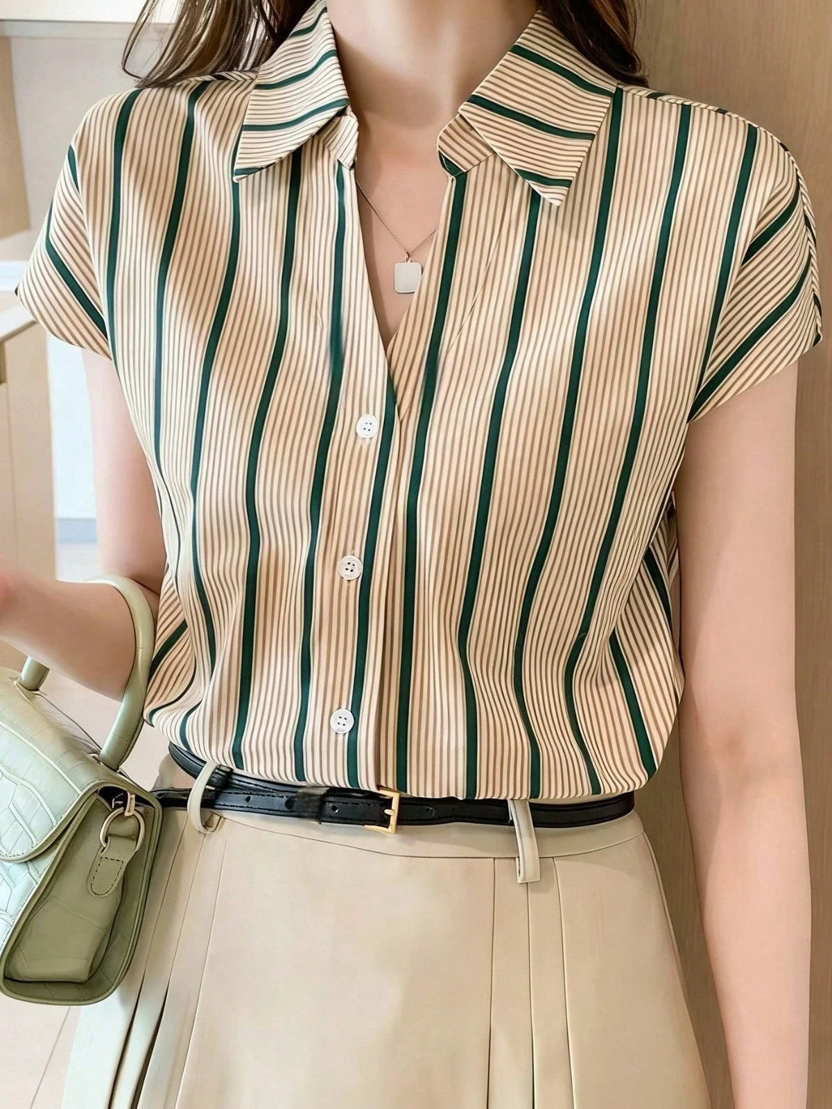 Women's Summer Casual Vacation Daily Work Commute Contrast Stripe Print V-Collar Batwing Sleeve Loose Blouse