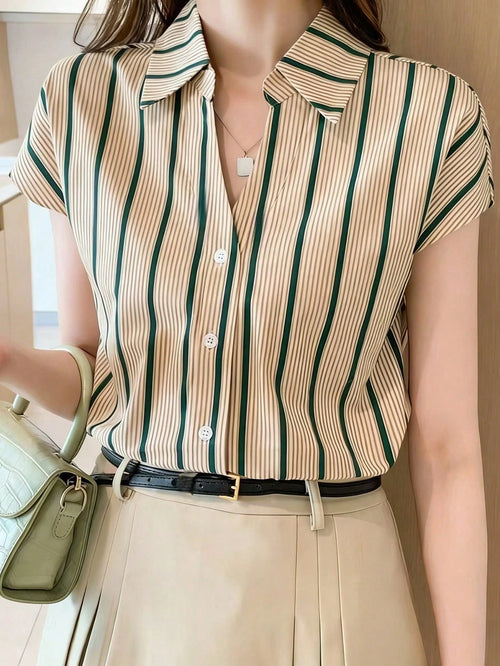 Women's Summer Casual Vacation Daily Work Commute Contrast Stripe Print V-Collar Batwing Sleeve Loose Blouse