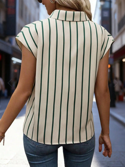 Women's Summer Casual Vacation Daily Work Commute Contrast Stripe Print V-Collar Batwing Sleeve Loose Blouse