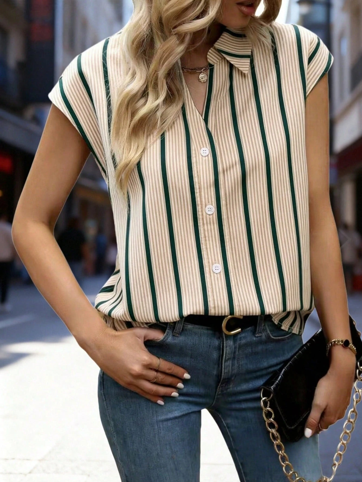 Women's Summer Casual Vacation Daily Work Commute Contrast Stripe Print V-Collar Batwing Sleeve Loose Blouse