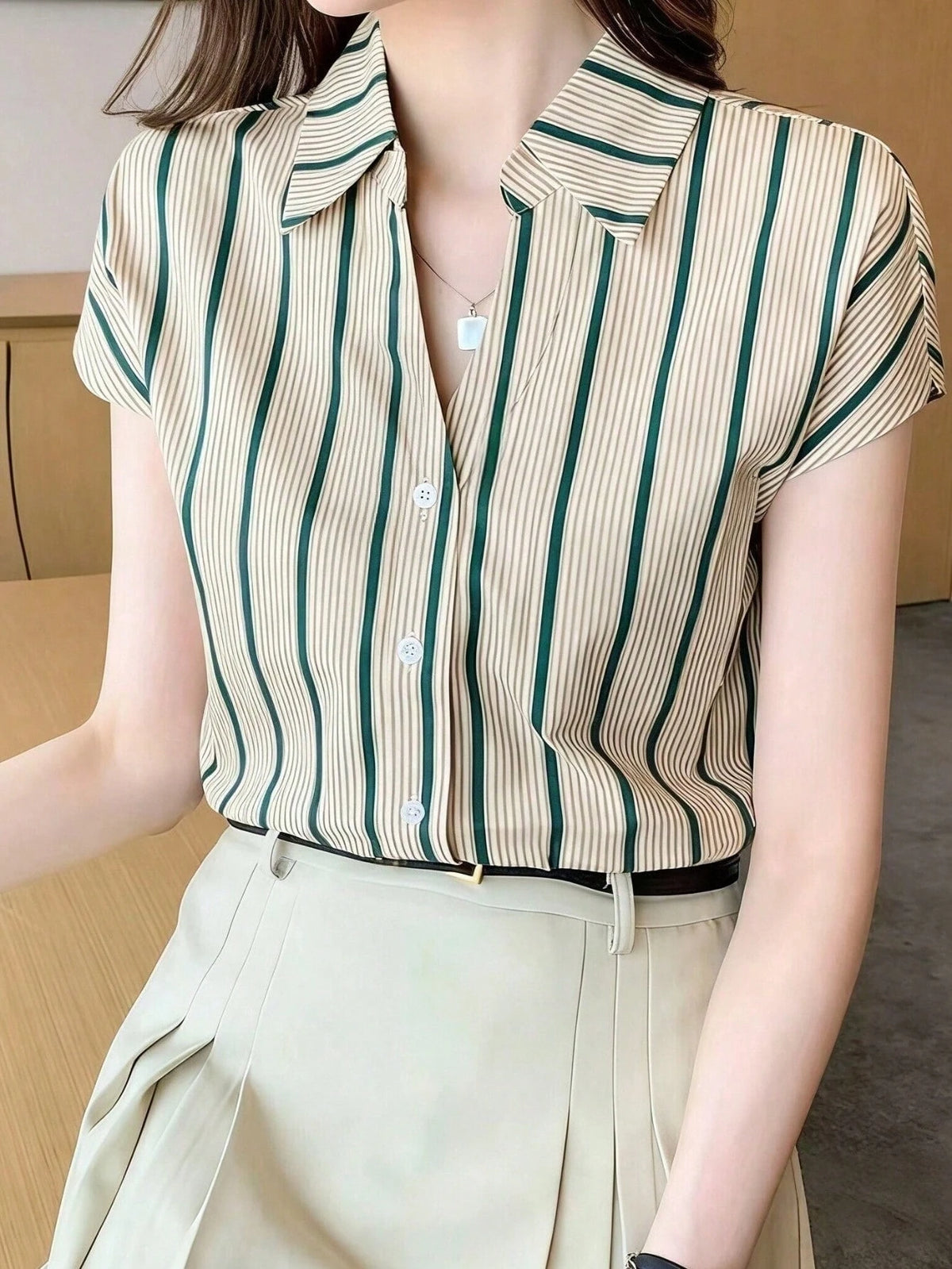 Women's Summer Casual Vacation Daily Work Commute Contrast Stripe Print V-Collar Batwing Sleeve Loose Blouse