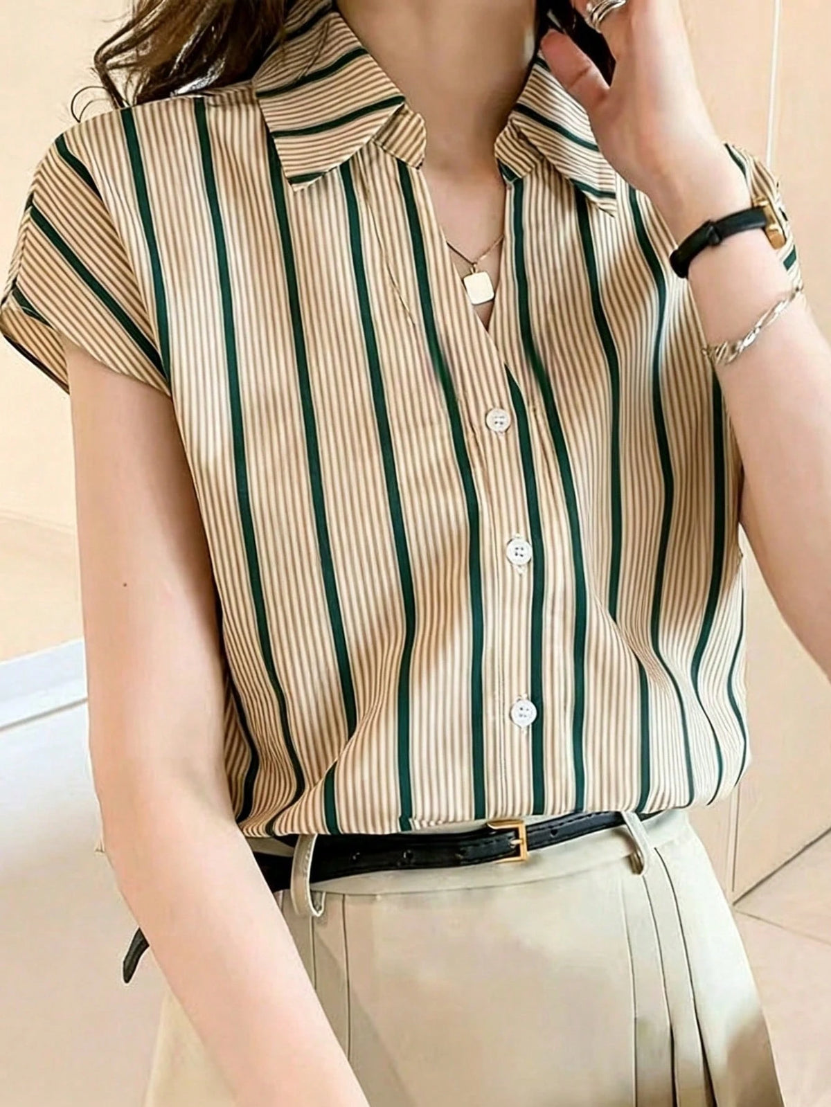 Women's Summer Casual Vacation Daily Work Commute Contrast Stripe Print V-Collar Batwing Sleeve Loose Blouse