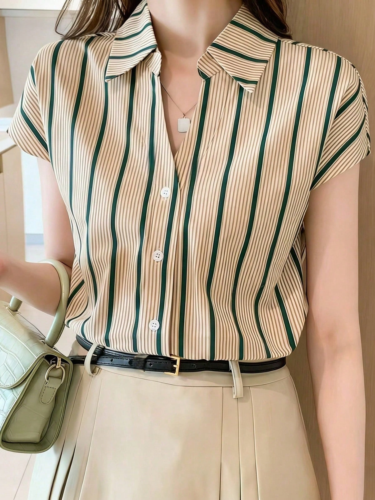 Women's Summer Casual Vacation Daily Work Commute Contrast Stripe Print V-Collar Batwing Sleeve Loose Blouse