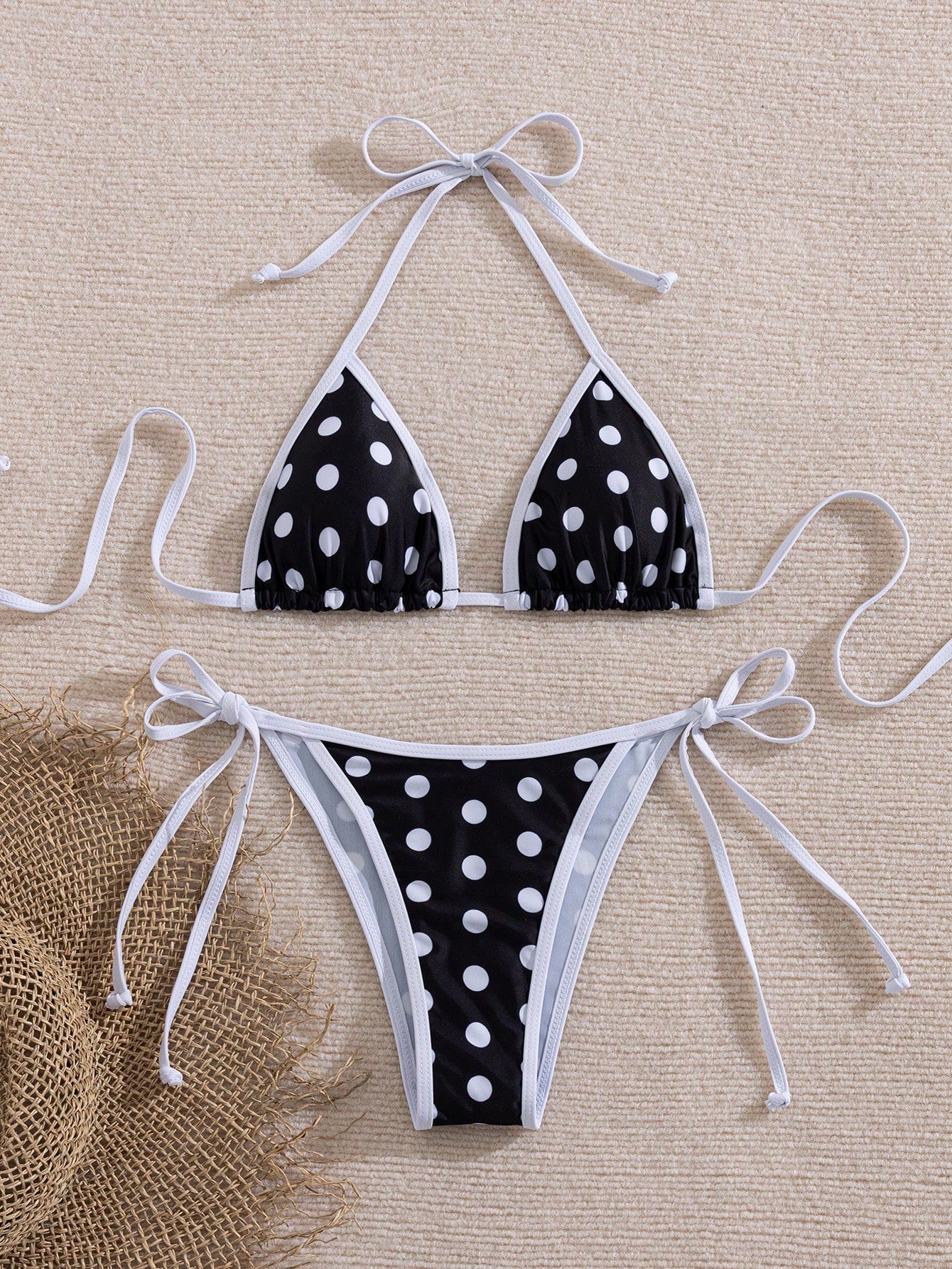 Women's Summer Colorblock Polka Dot Print Bikini Set Set, Halter Neck Tie Back Open Back Swimwear, High Elasticity Breathable Fabric, Party/Music Festival Swimwear, Beach Vacation Beachwear, Women's S