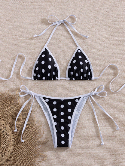 Women's Summer Colorblock Polka Dot Print Bikini Set Set, Halter Neck Tie Back Open Back Swimwear, High Elasticity Breathable Fabric, Party/Music Festival Swimwear, Beach Vacation Beachwear, Women's S