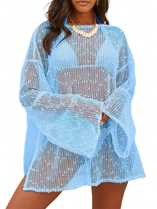 Women's Summer Crochet Sexy Sheer Kaftan Caftan Beach Dress Bathing Suit Swim Coverup One Piece Long Sleeve Mini Dress, For Beach Vacation