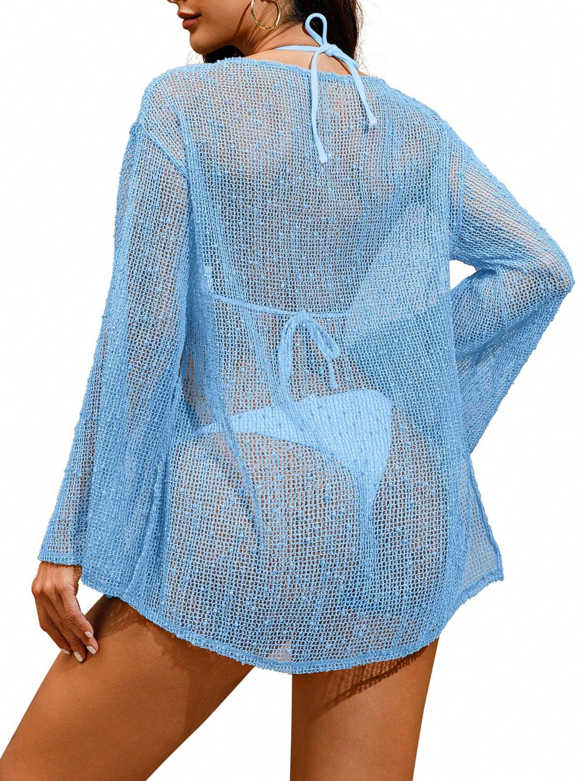 Women's Summer Crochet Sexy Sheer Kaftan Caftan Beach Dress Bathing Suit Swim Coverup One Piece Long Sleeve Mini Dress, For Beach Vacation