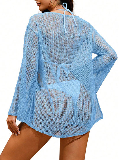 Women's Summer Crochet Sexy Sheer Kaftan Caftan Beach Dress Bathing Suit Swim Coverup One Piece Long Sleeve Mini Dress, For Beach Vacation