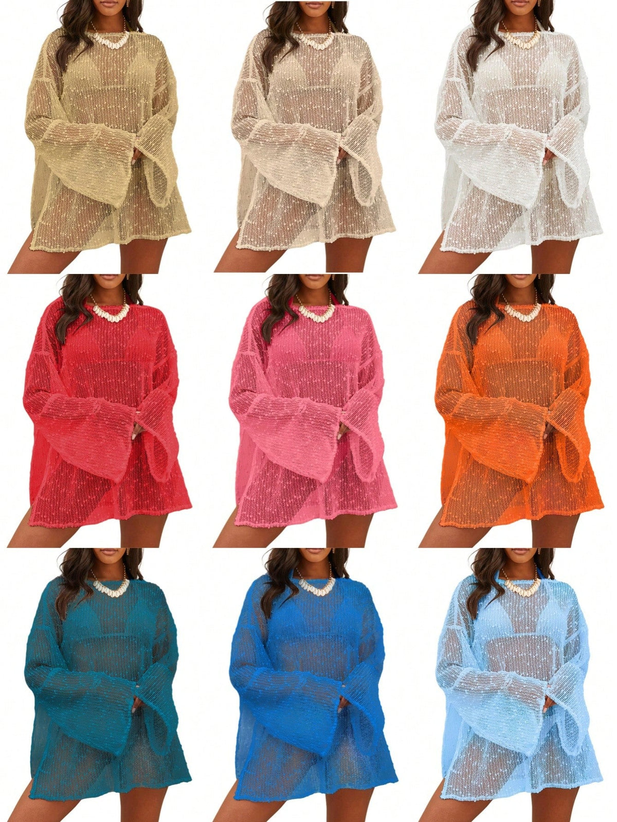 Women's Summer Crochet Sexy Sheer Kaftan Caftan Beach Dress Bathing Suit Swim Coverup One Piece Long Sleeve Mini Dress, For Beach Vacation