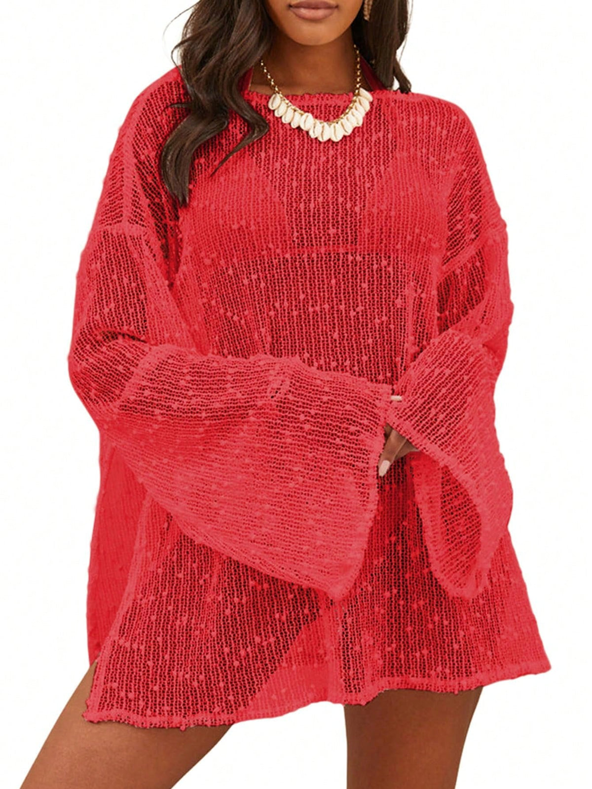 Women's Summer Crochet Sexy Sheer Kaftan Caftan Beach Dress Bathing Suit Swim Coverup One Piece Long Sleeve Mini Dress, For Beach Vacation