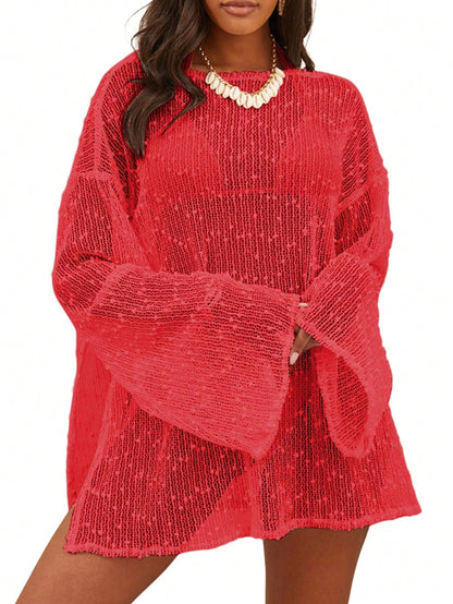 Women's Summer Crochet Sexy Sheer Kaftan Caftan Beach Dress Bathing Suit Swim Coverup One Piece Long Sleeve Mini Dress, For Beach Vacation
