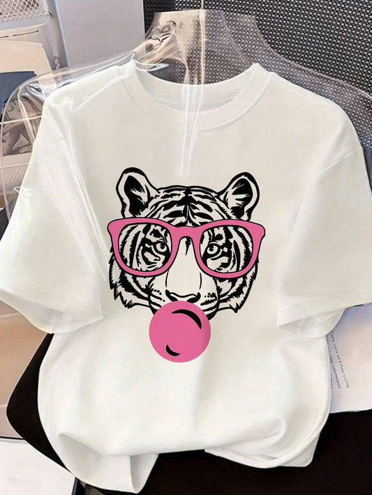 Women's Summer New Minimalist Fashion Tiger Mouth Bubble Print Casual Vacation Loose Versatile Round Neck Green Short Sleeve T-Shirt, Fashionable Everyday Top, Suitable For Daily Vacation Wear White