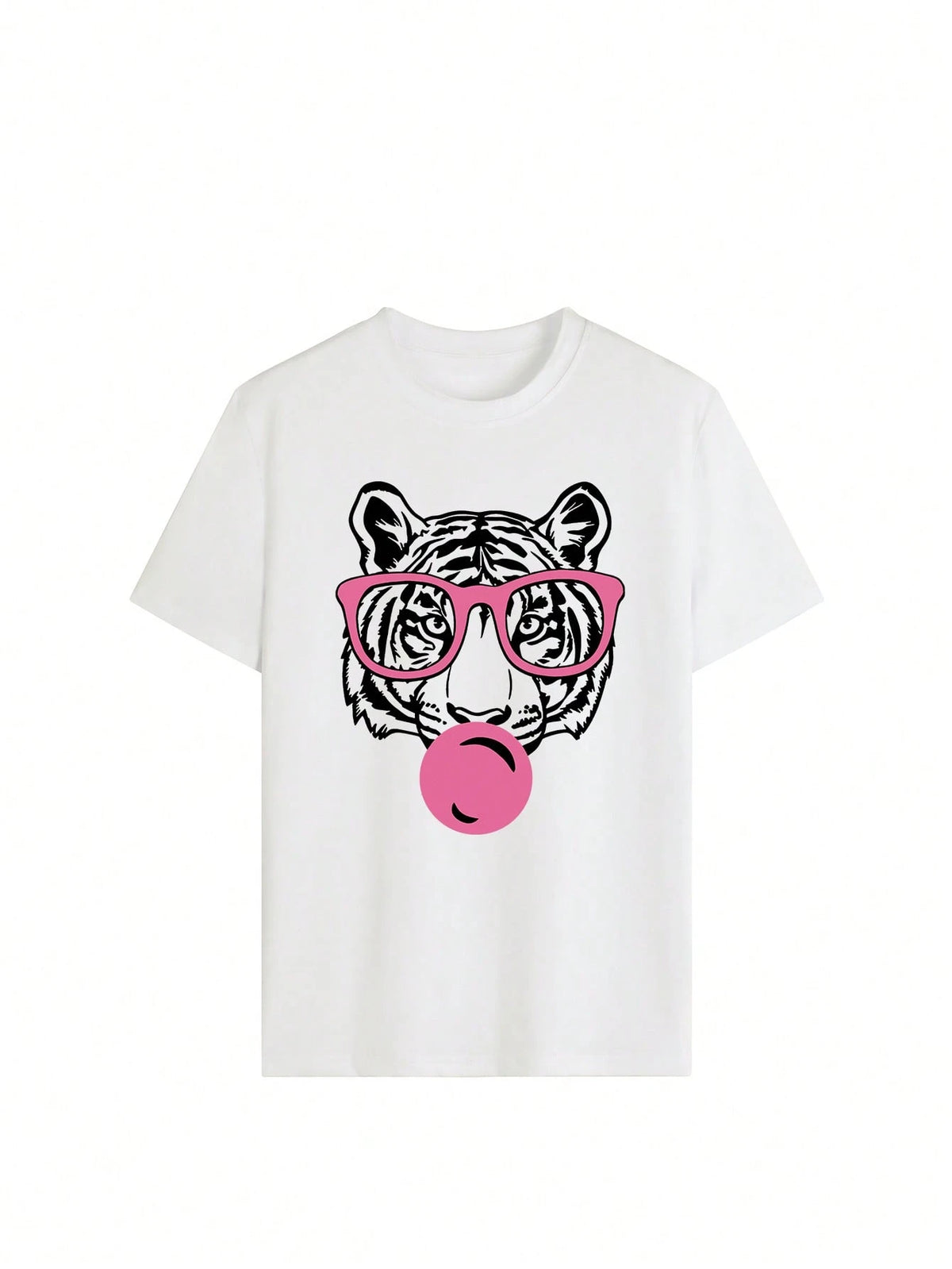 Women's Summer New Minimalist Fashion Tiger Mouth Bubble Print Casual Vacation Loose Versatile Round Neck Green Short Sleeve T-Shirt, Fashionable Everyday Top, Suitable For Daily Vacation Wear White