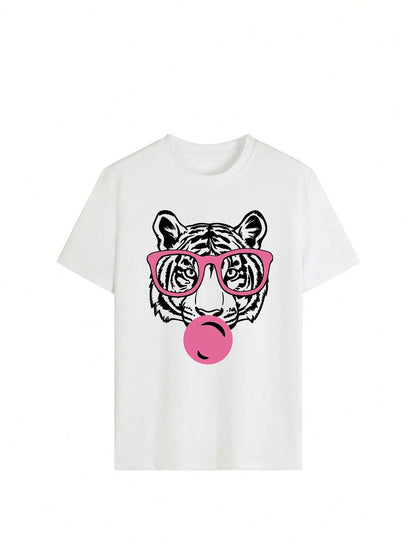 Women's Summer New Minimalist Fashion Tiger Mouth Bubble Print Casual Vacation Loose Versatile Round Neck Green Short Sleeve T-Shirt, Fashionable Everyday Top, Suitable For Daily Vacation Wear White