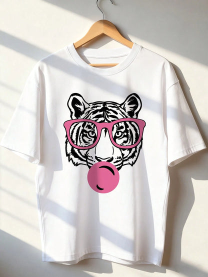 Women's Summer New Minimalist Fashion Tiger Mouth Bubble Print Casual Vacation Loose Versatile Round Neck Green Short Sleeve T-Shirt, Fashionable Everyday Top, Suitable For Daily Vacation Wear White