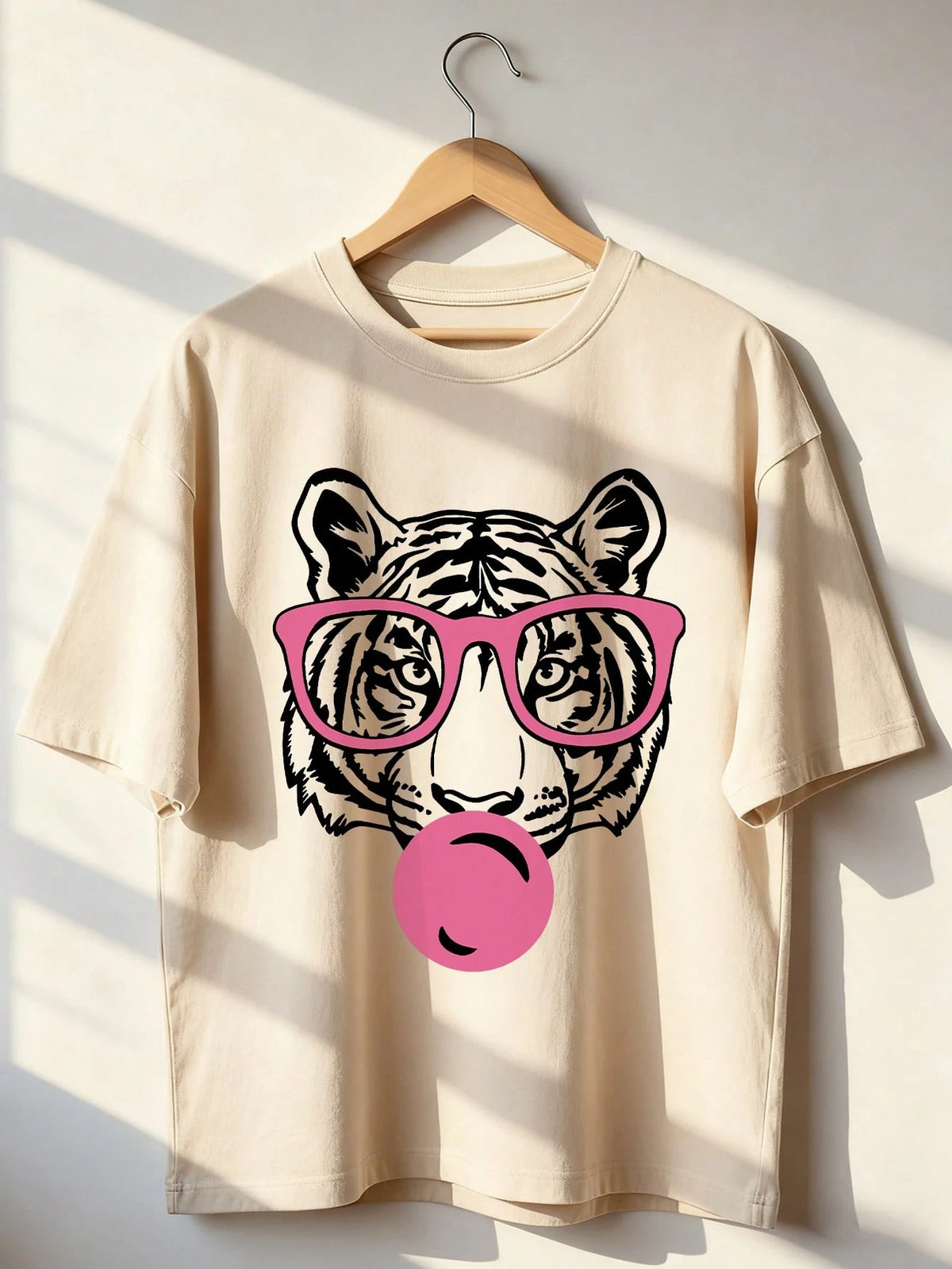 Women's Summer New Minimalist Fashion Tiger Mouth Bubble Print Casual Vacation Loose Versatile Round Neck Green Short Sleeve T-Shirt, Fashionable Everyday Top, Suitable For Daily Vacation Wear White