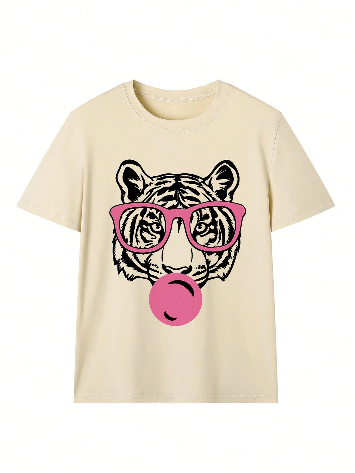 Women's Summer New Minimalist Fashion Tiger Mouth Bubble Print Casual Vacation Loose Versatile Round Neck Green Short Sleeve T-Shirt, Fashionable Everyday Top, Suitable For Daily Vacation Wear White