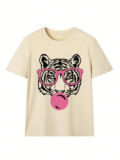 Women's Summer New Minimalist Fashion Tiger Mouth Bubble Print Casual Vacation Loose Versatile Round Neck Green Short Sleeve T-Shirt, Fashionable Everyday Top, Suitable For Daily Vacation Wear White