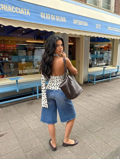 Women's Summer Sexy Casual Elegant Polka Dot Print Cold Shoulder Asymmetric Sleeveless Ruched Fitted Halter Tie Tank Top, Daily Commute Graduation Back To School Outfit