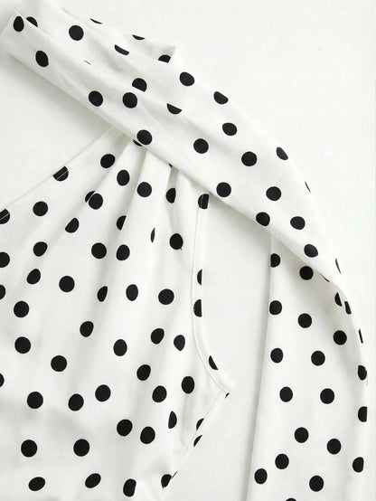 Women's Summer Sexy Casual Elegant Polka Dot Print Cold Shoulder Asymmetric Sleeveless Ruched Fitted Halter Tie Tank Top, Daily Commute Graduation Back To School Outfit