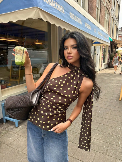 Women's Summer Sexy Casual Elegant Polka Dot Print Cold Shoulder Asymmetric Sleeveless Ruched Fitted Halter Tie Tank Top, Daily Commute Graduation Back To School Outfit