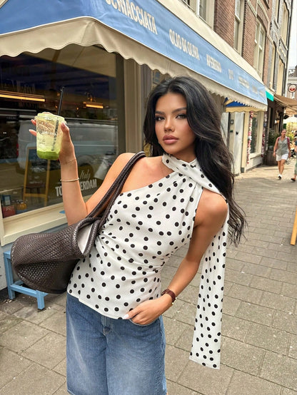 Women's Summer Sexy Casual Elegant Polka Dot Print Cold Shoulder Asymmetric Sleeveless Ruched Fitted Halter Tie Tank Top, Daily Commute Graduation Back To School Outfit