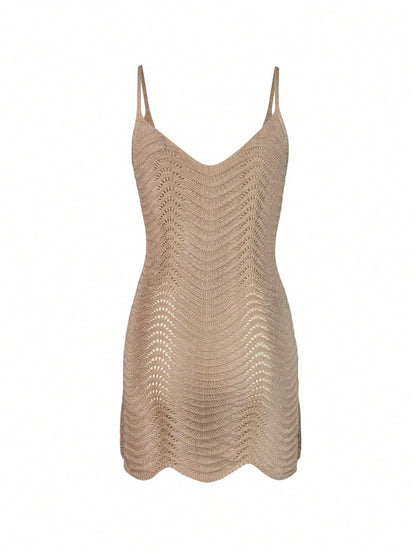 Women's Summer Solid Color European And American Short Knitted Spaghetti Strap Sexy Hollow Out Sheer Beach Cover Up Dress Vacation