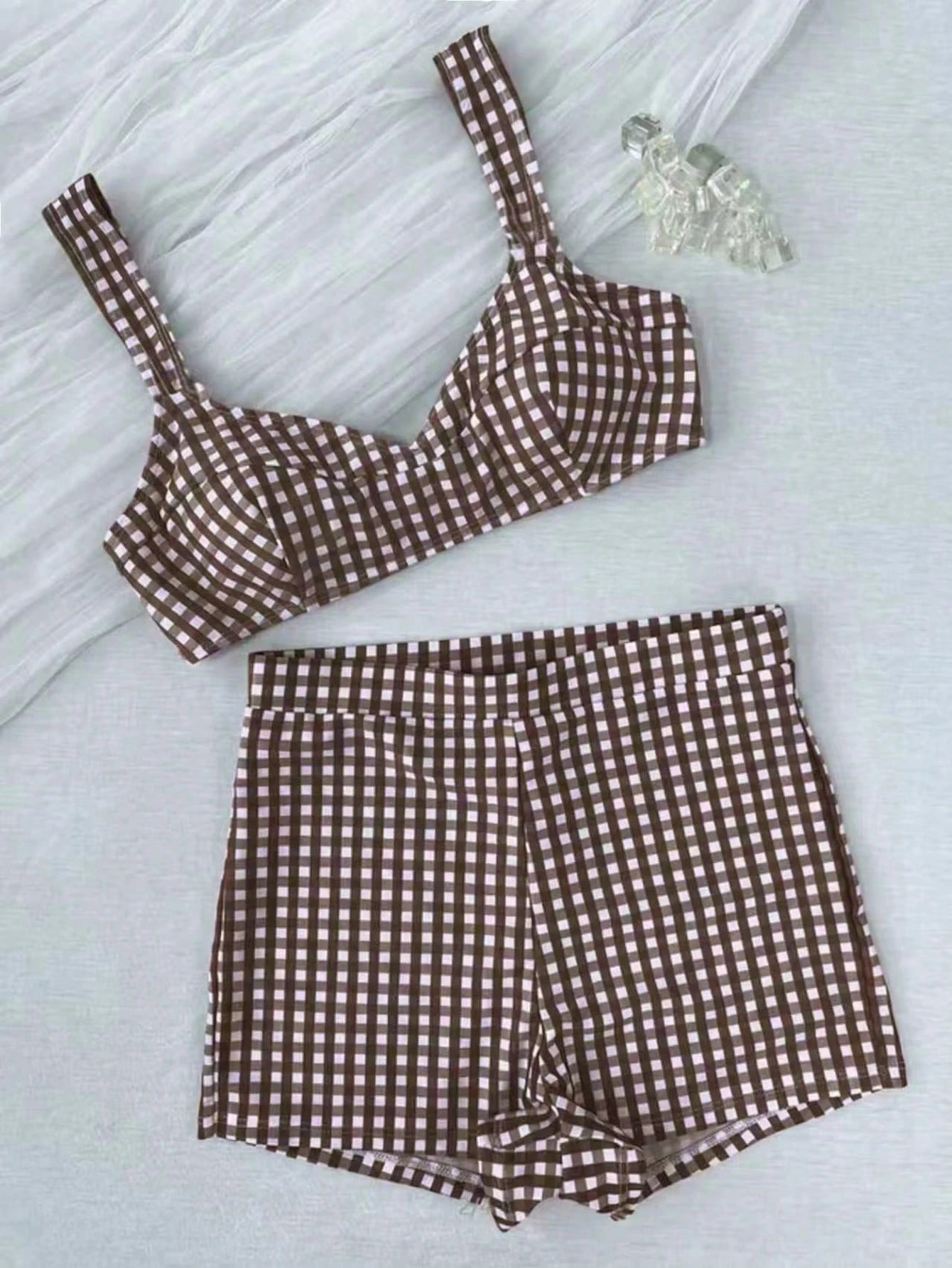 Women's Summer Swimwear Series, Retro Plaid 2 Pieces Bikini Set With Wide Straps And High-Waisted Swim Shorts, Ideal For Beach Vacation