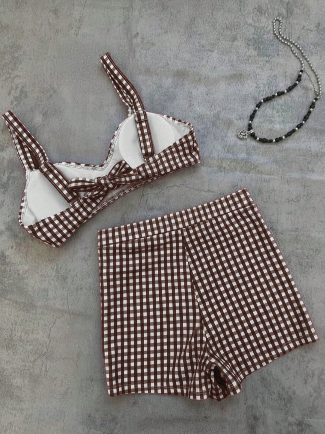 Women's Summer Swimwear Series, Retro Plaid 2 Pieces Bikini Set With Wide Straps And High-Waisted Swim Shorts, Ideal For Beach Vacation