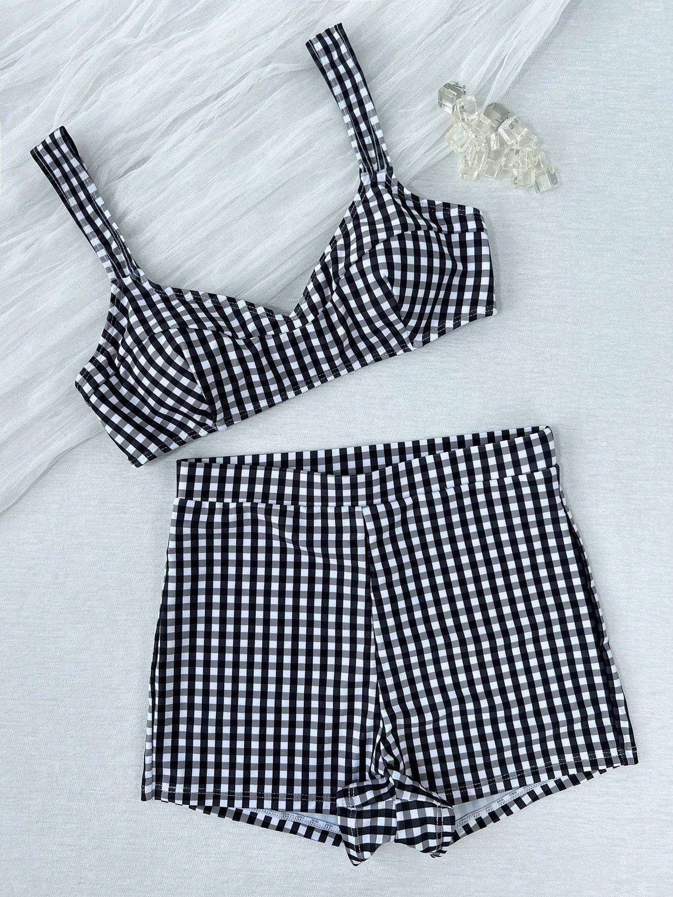 Women's Summer Swimwear Series, Retro Plaid 2 Pieces Bikini Set With Wide Straps And High-Waisted Swim Shorts, Ideal For Beach Vacation