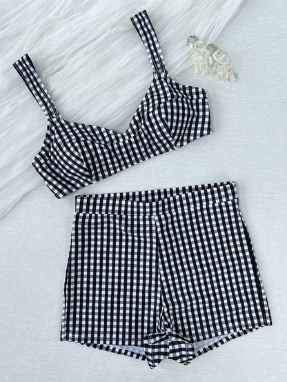 Women's Summer Swimwear Series, Retro Plaid 2 Pieces Bikini Set With Wide Straps And High-Waisted Swim Shorts, Ideal For Beach Vacation