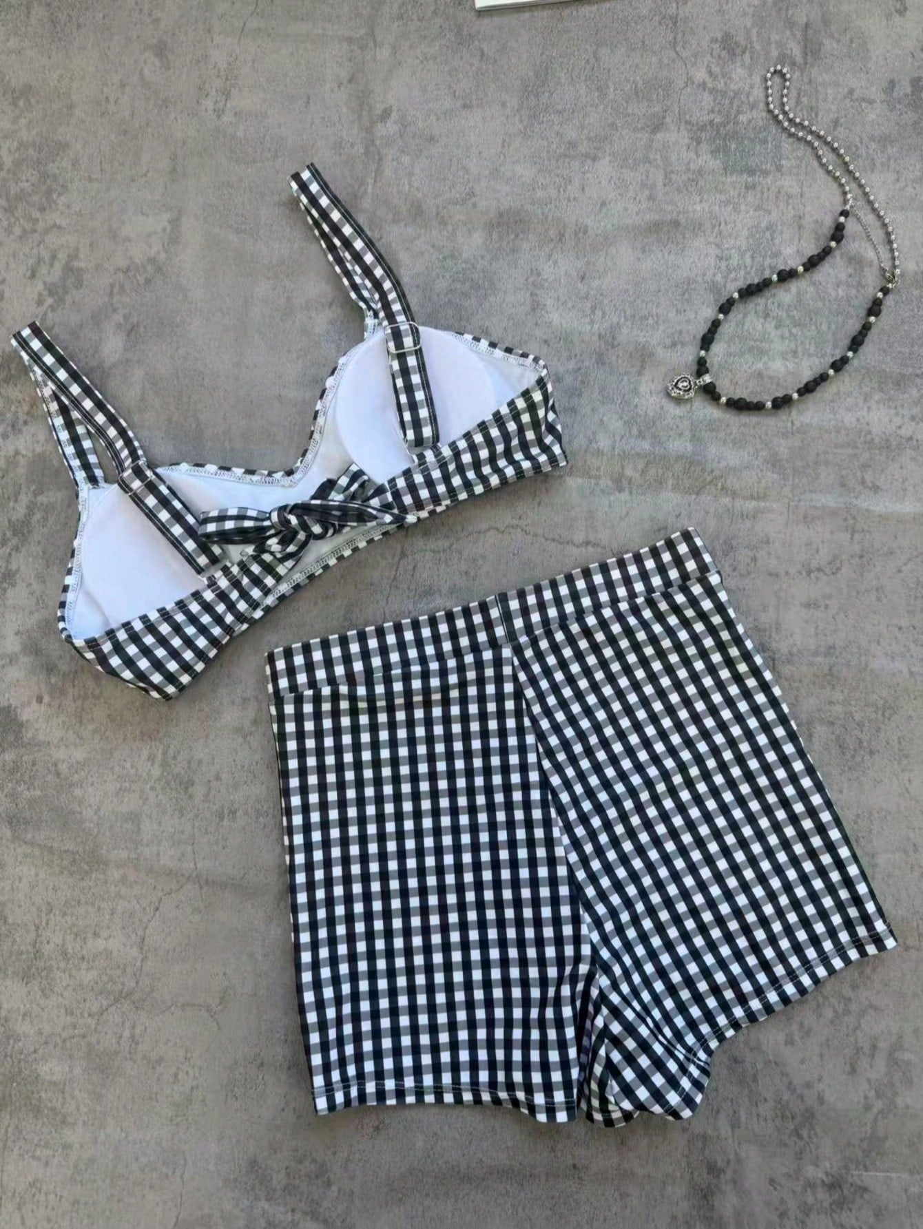 Women's Summer Swimwear Series, Retro Plaid 2 Pieces Bikini Set With Wide Straps And High-Waisted Swim Shorts, Ideal For Beach Vacation