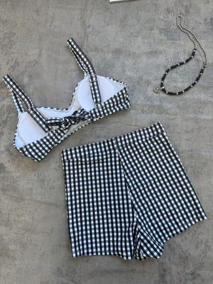 Women's Summer Swimwear Series, Retro Plaid 2 Pieces Bikini Set With Wide Straps And High-Waisted Swim Shorts, Ideal For Beach Vacation