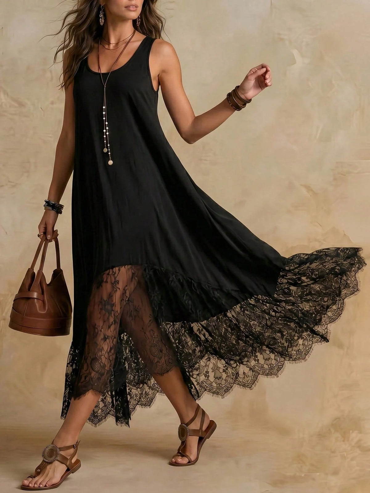 Women's Summer Vintage Boho Bohemian Black Dress, Elegant Vacation And Music Festival Outfit Beach Dance