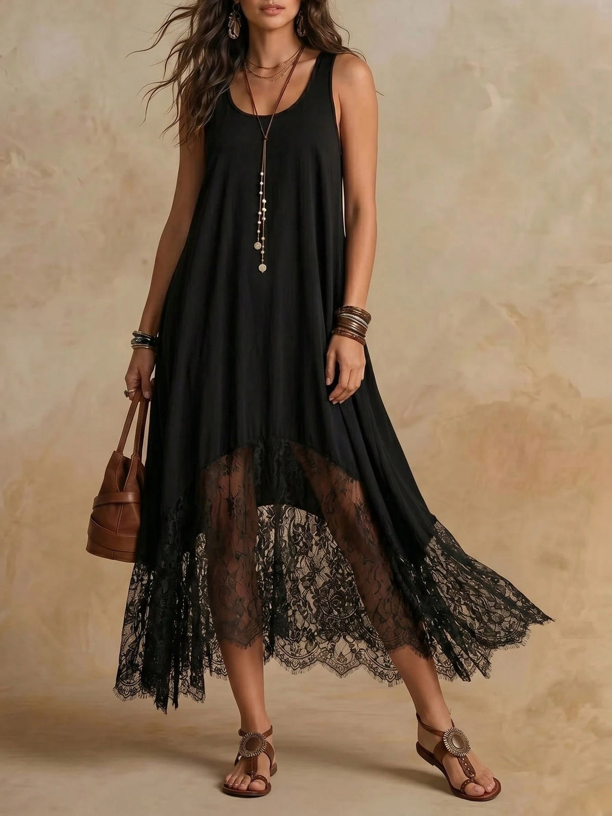 Women's Summer Vintage Boho Bohemian Black Dress, Elegant Vacation And Music Festival Outfit Beach Dance