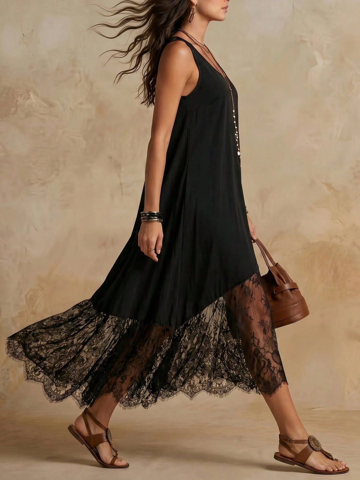 Women's Summer Vintage Boho Bohemian Black Dress, Elegant Vacation And Music Festival Outfit Beach Dance