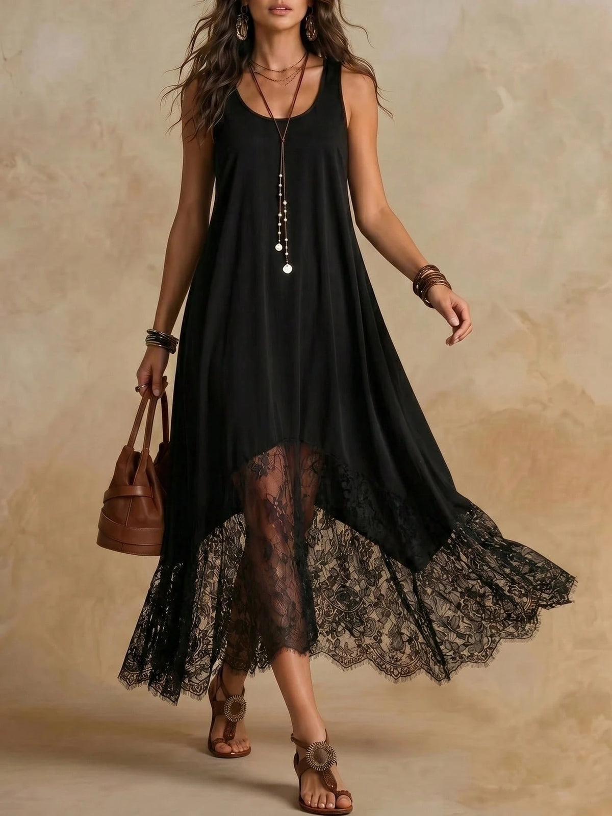 Women's Summer Vintage Boho Bohemian Black Dress, Elegant Vacation And Music Festival Outfit Beach Dance