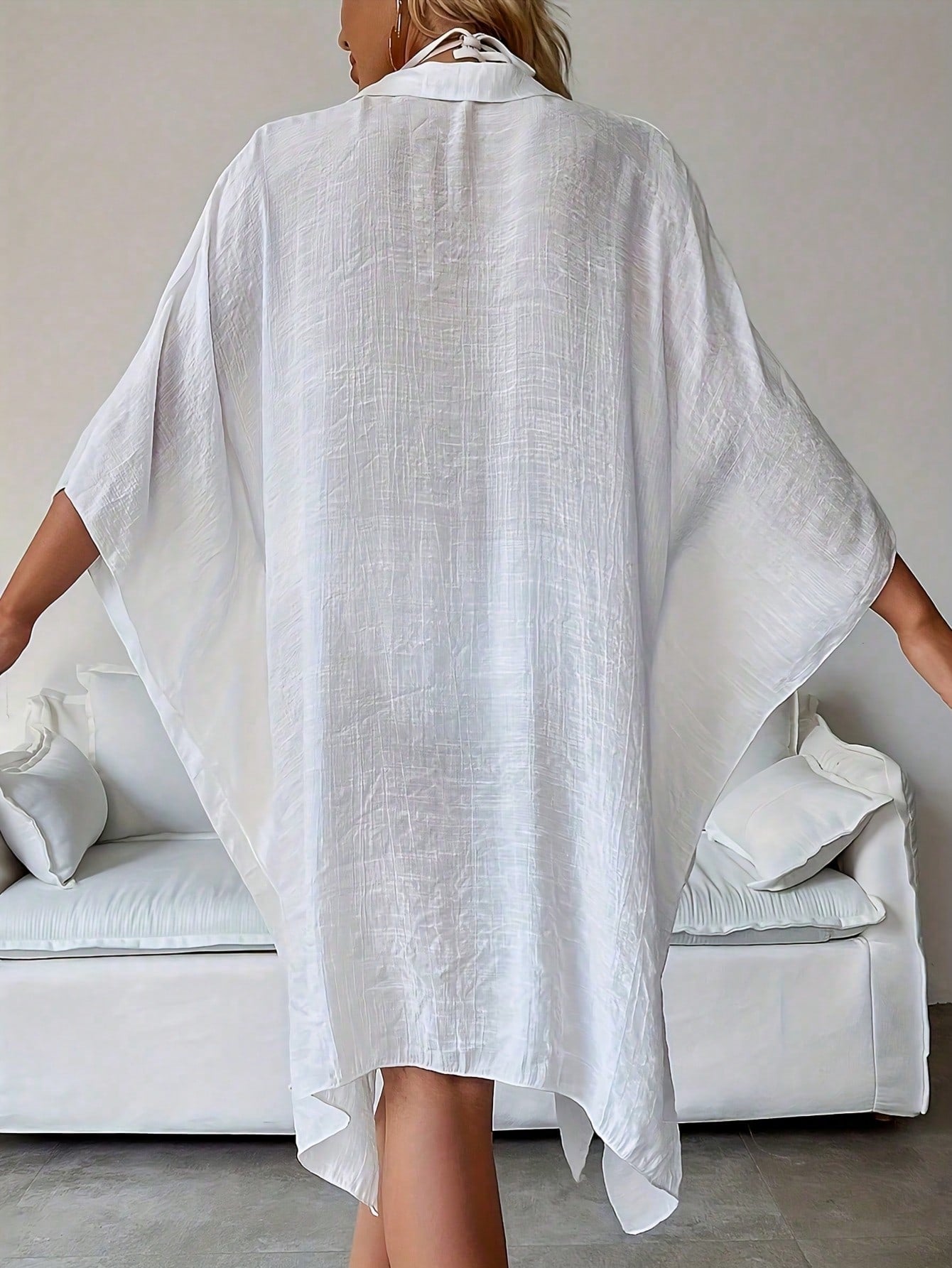 Women's Summer White Batwing Sleeve 3/4 Sleeve Blouse, Single-Breasted Shirt, Solid Color Outerwear, Comfortable Lightweight Breathable; Party Blouse, Dress, Shirt, Beach Vacation Outfit